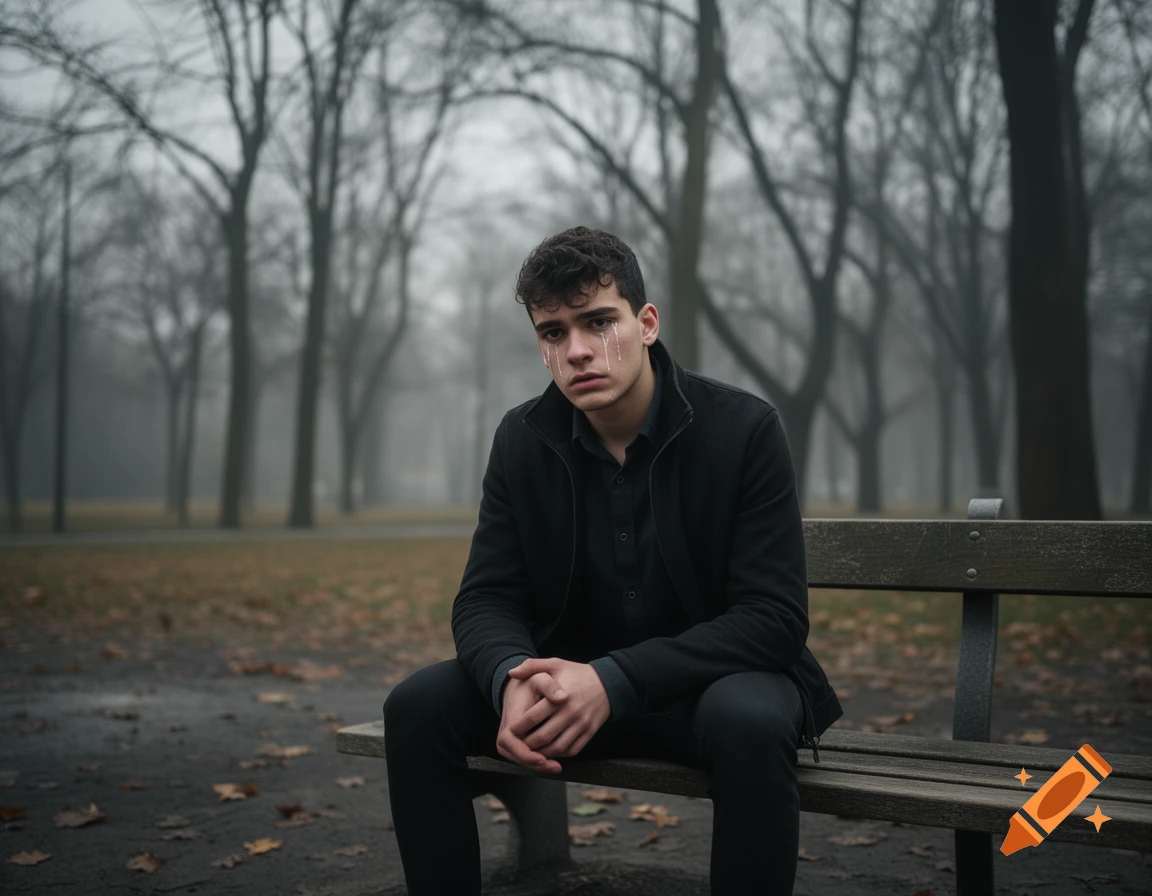 A sad young man with tears on his face sits on a wooden bench in a misty, leafless park.