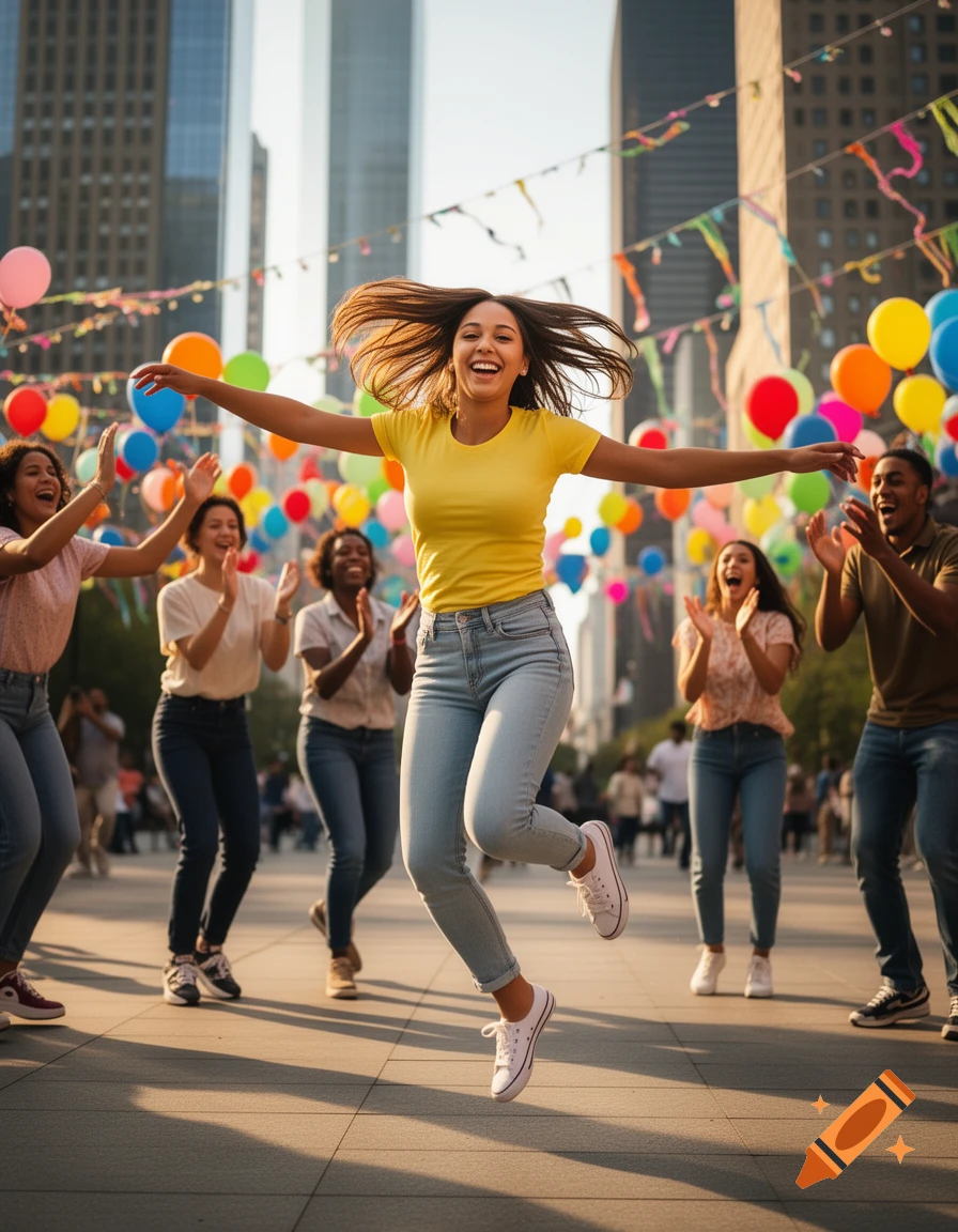 A joyful woman in a yellow shirt and jeans jumps with arms outstretched as others cheer in a city street decorated with colorful balloons and banners.