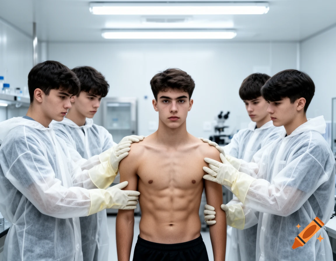 A shirtless young man with abs is held by multiple identical young men in white lab coats and gloves in a sterile laboratory setting.