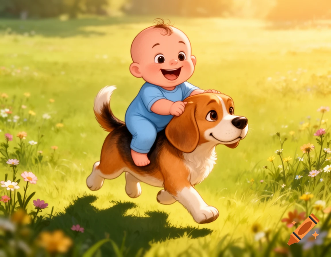 A happy cartoon baby in a blue onesie rides a friendly beagle through a sunny green meadow with wildflowers, in a vibrant, heartwarming style.