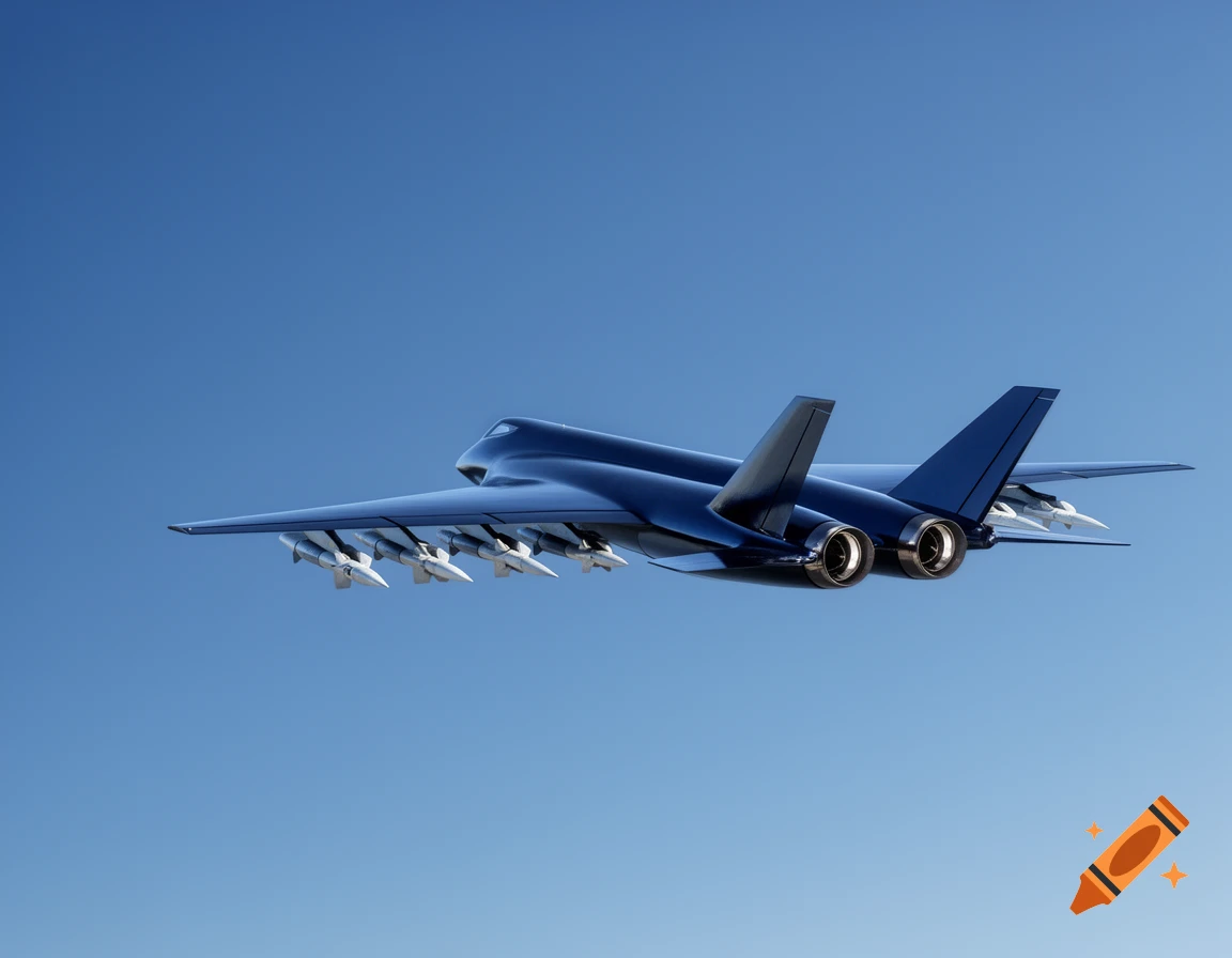 A dark blue futuristic jet aircraft with missiles under its wings and two tail fins, flying in a clear blue sky.
