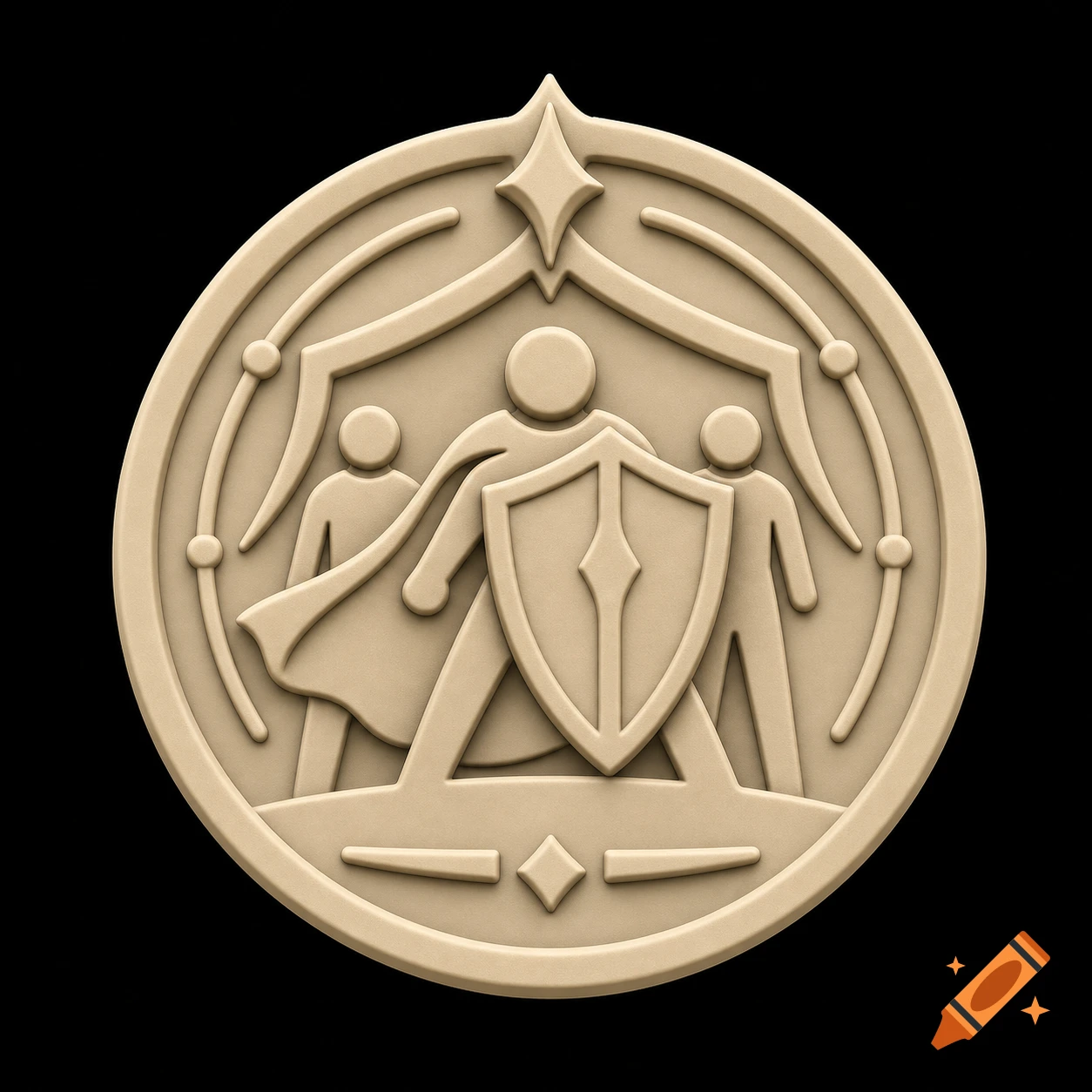 A beige 3D relief symbol featuring a central figure with a shield protecting two smaller figures, under an arched canopy, with a star design at the top.
