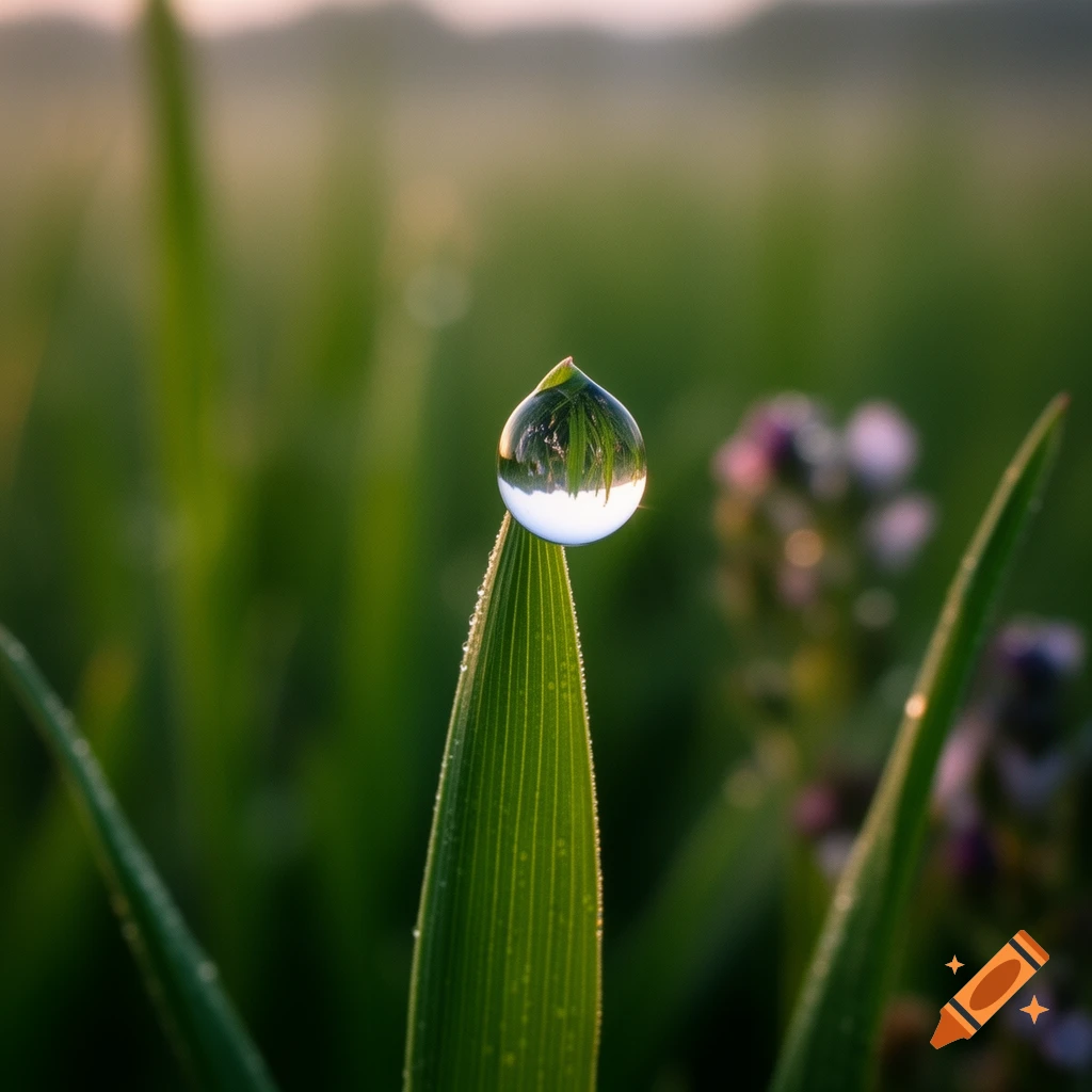 A macro shot of a spherical dewdrop reflecting green foliage, resting on a blade of grass with a soft green background.
