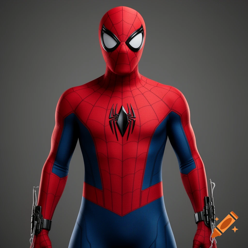 Close-up of Spider-Man in his red and blue suit with web shooters and a black diamond logo on his chest against a gray background.