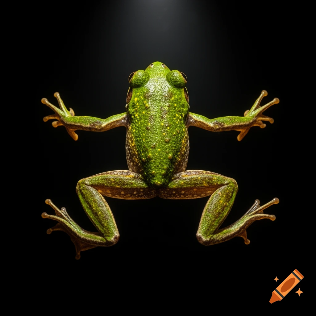 A vibrant green frog with yellow spots, viewed from above, with its limbs spread wide as if leaping, set against a dark background.