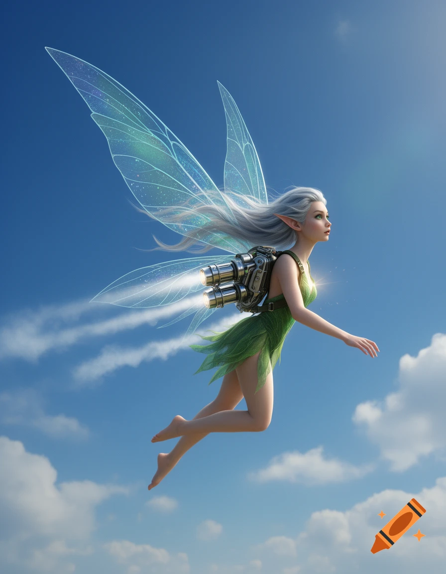 A photorealistic fairy in a green dress with long silver hair and a jetpack flies across a blue sky with clouds.
