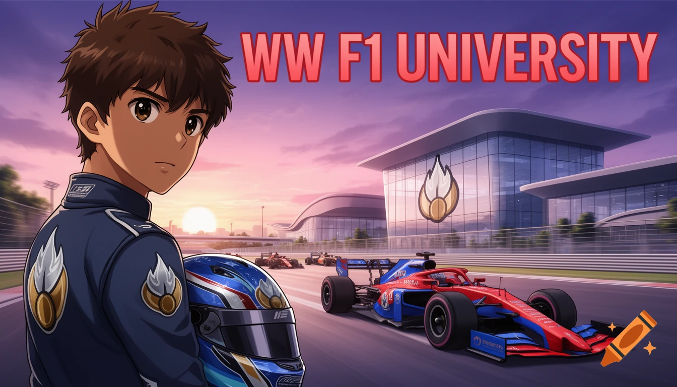 Anime F1 driver holding a helmet, standing before a race track with cars and a modern university building at sunset, 'WW F1 UNIVERSITY' title.