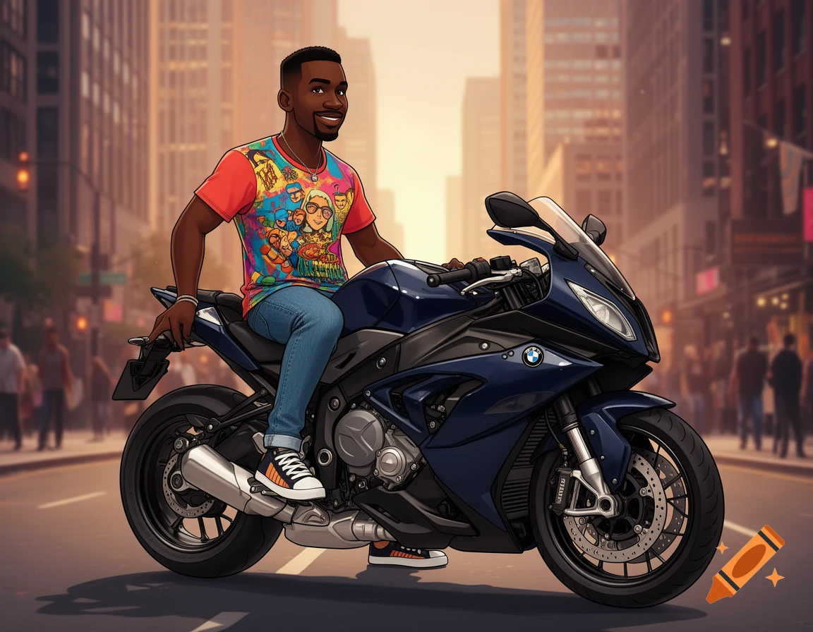 A smiling Black man in a colorful shirt sits on a dark blue BMW motorcycle on a city street in a cartoon style.