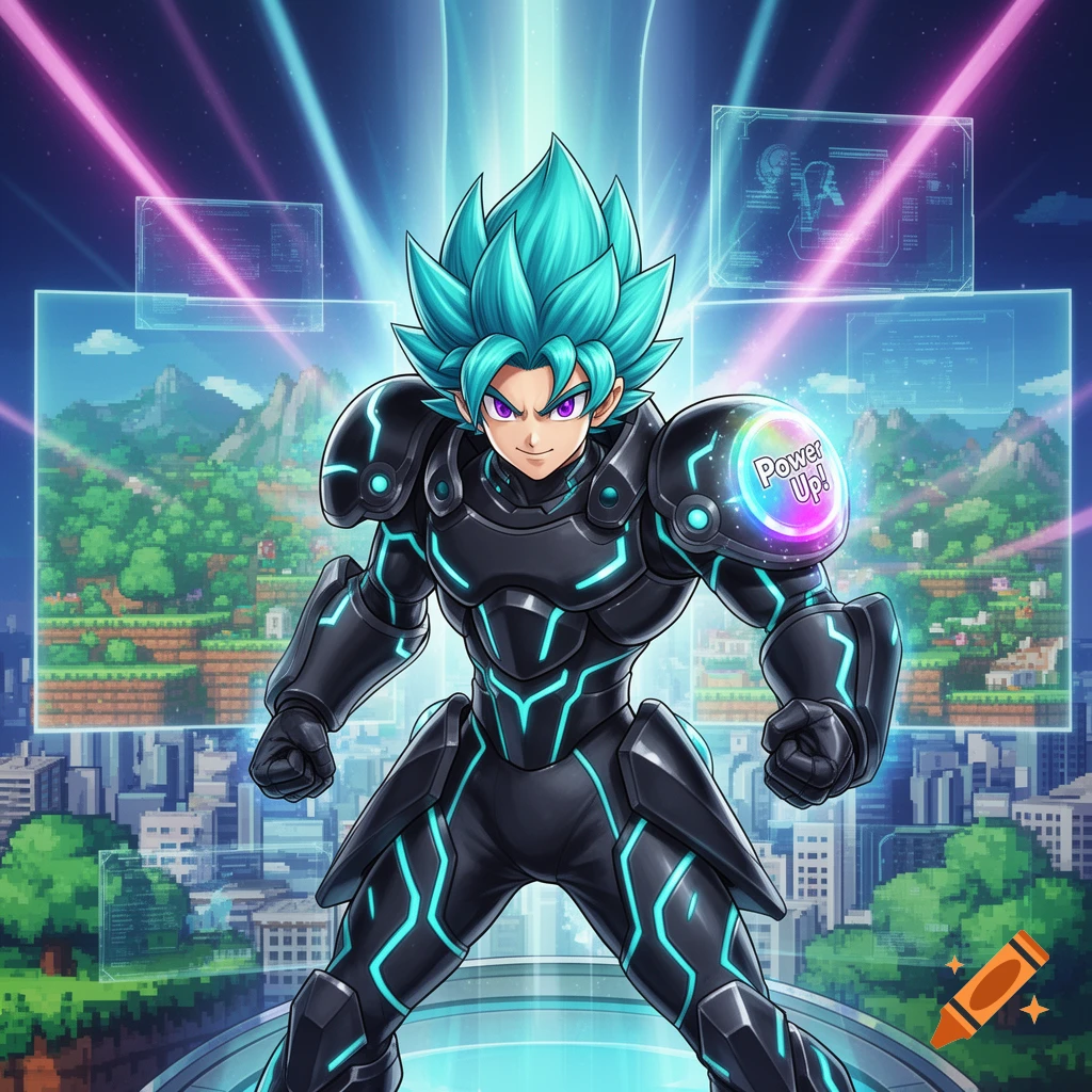 A powerful anime character with blue-green hair and a black armored suit with glowing blue lines stands on a futuristic platform with pixelated backgrounds.