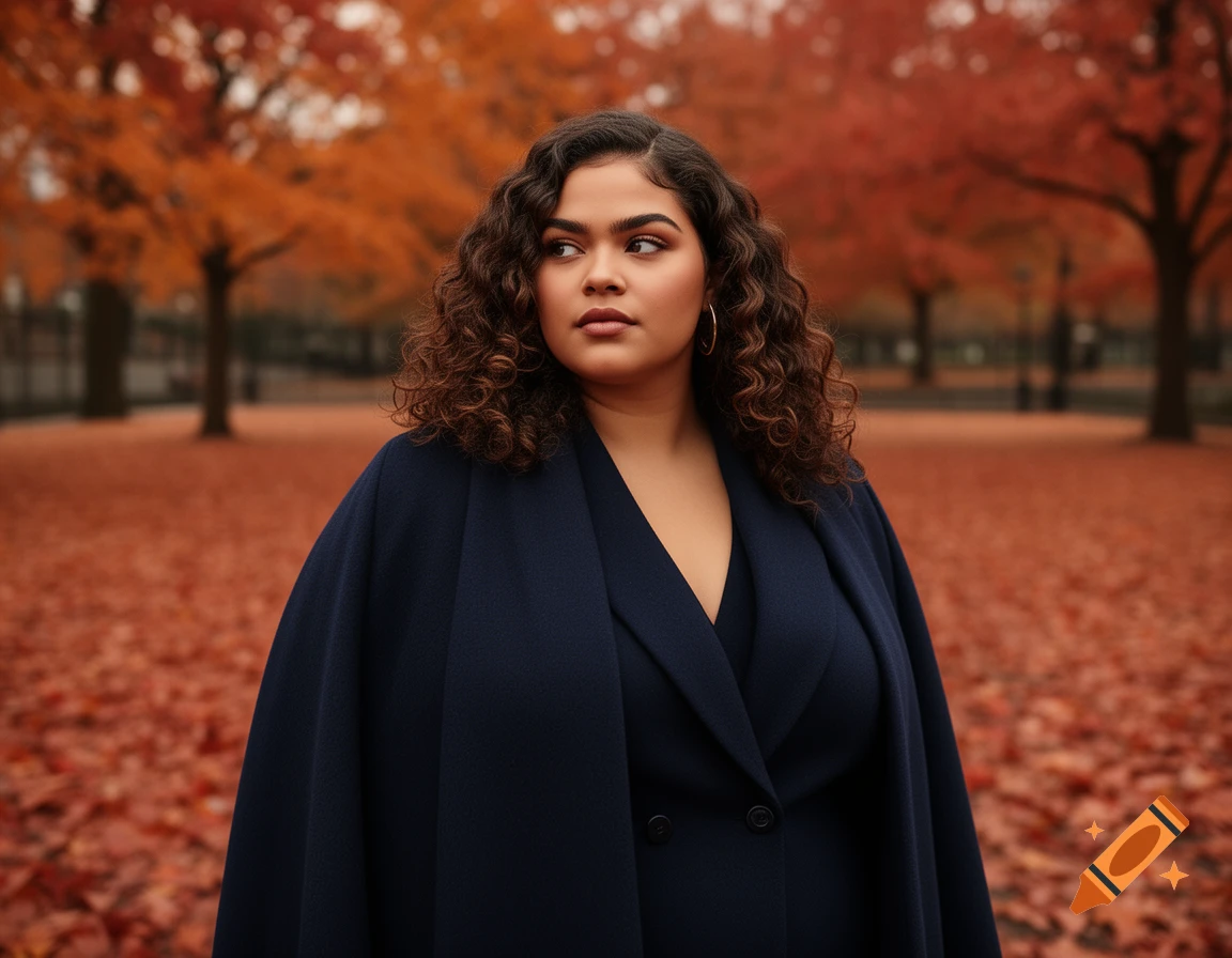 A woman with curly hair wearing a dark blue coat stands in an autumn park filled with orange leaves.