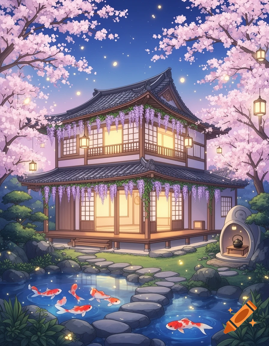 Anime-style Japanese house surrounded by pink cherry blossoms and wisteria, with koi fish in a pond at night.