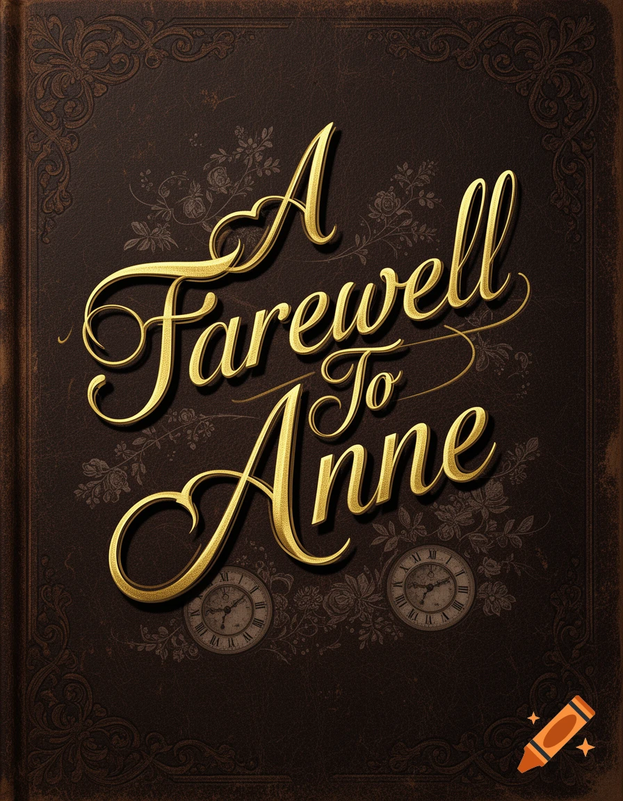A vintage-style book cover titled 'A Farewell To Anne' in elegant gold script, on dark brown leather with ornate patterns and two small clocks.