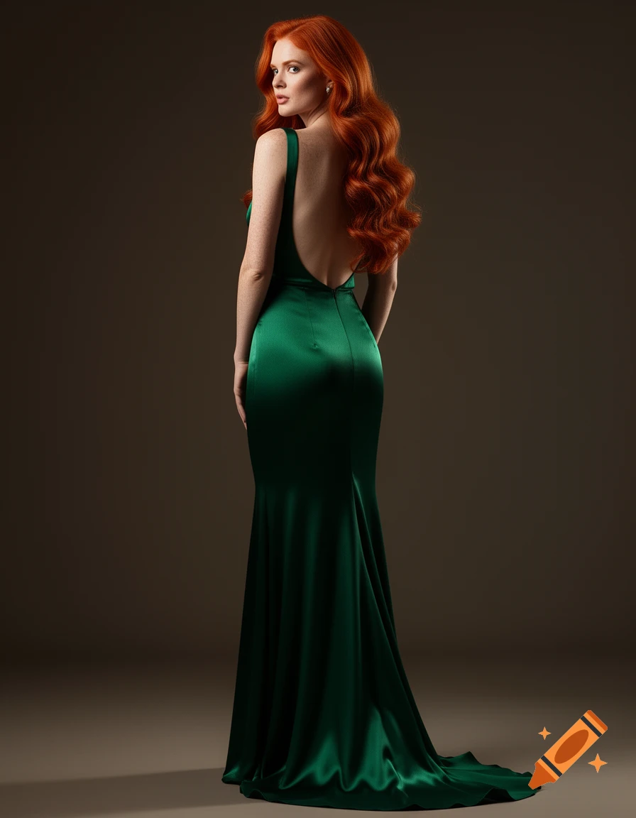 A stunning redhead woman with long, wavy red hair, wearing an elegant emerald green silk backless evening gown, looking over her shoulder.