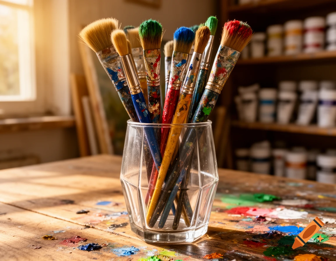 A glass full of paint-splattered art brushes sits on a paint-splattered wooden table in a sunlit art studio.