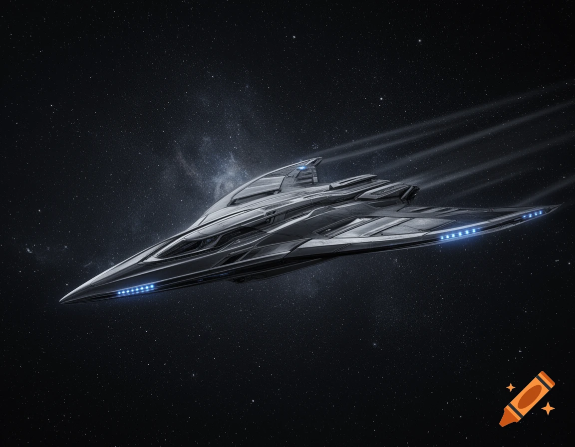 A sleek, futuristic dark grey spaceship with blue lights streaks through a star-filled galaxy.