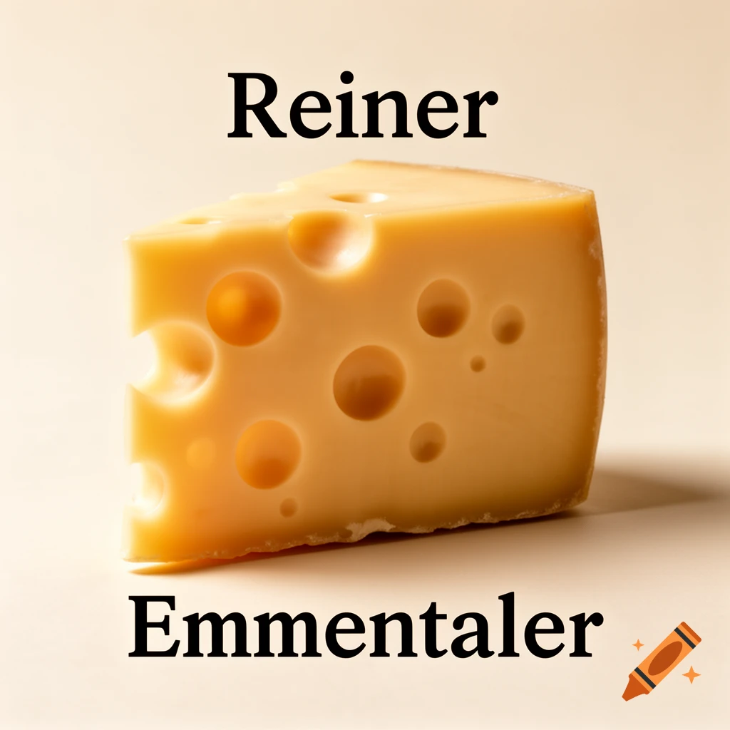 A photorealistic wedge of Emmental cheese on a light background, with the word "Reiner" written above it and "Emmentaler" written below it.