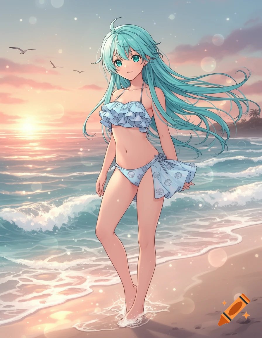 Anime girl with long teal hair in a light blue ruffled swimsuit standing on a beach at sunset with ocean waves.