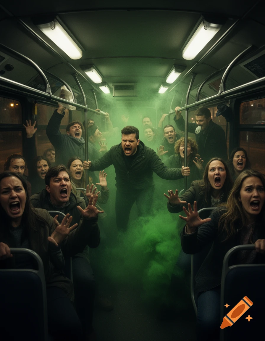 Panicked passengers scream inside a photorealistic bus filled with glowing green smoke.