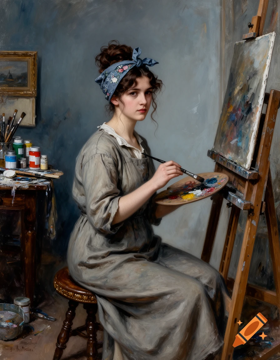 A young woman artist with dark hair in a messy bun and a blue floral bandana, holding a brush and paint palette in an art studio, rendered in a classical oil painting style.