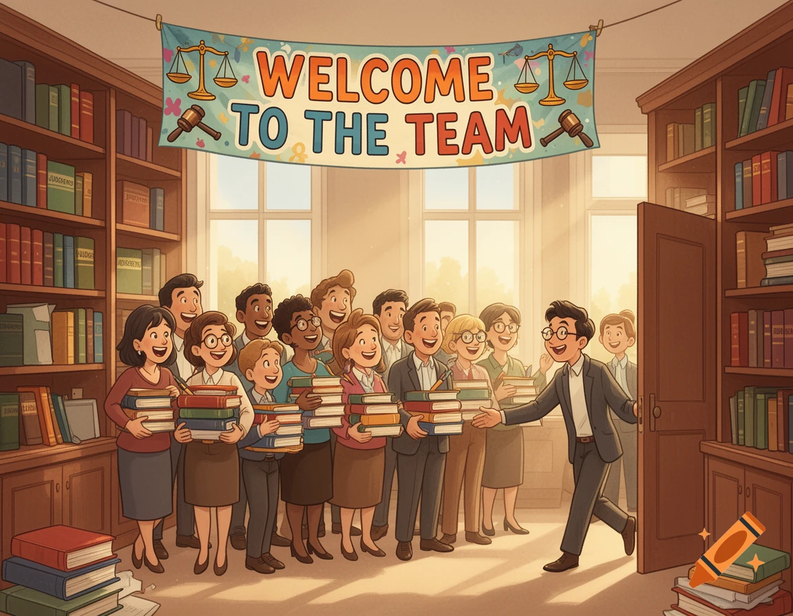 Children's book illustration of smiling legal editors in a library holding books, welcoming a new team member under a 'WELCOME TO THE TEAM' banner.