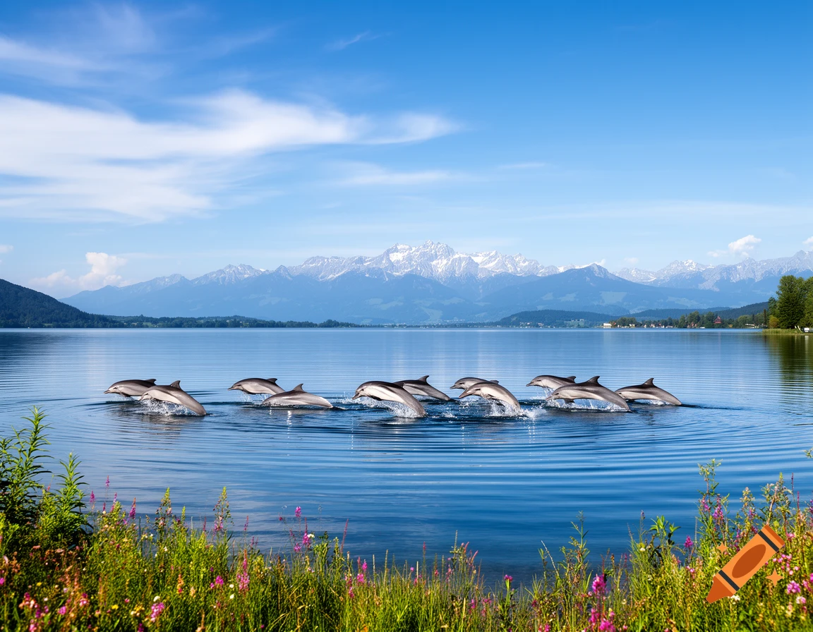 Photorealistic image of multiple dolphins leaping from a serene lake, with snow-capped mountains and green, flowery shores under a blue sky.
