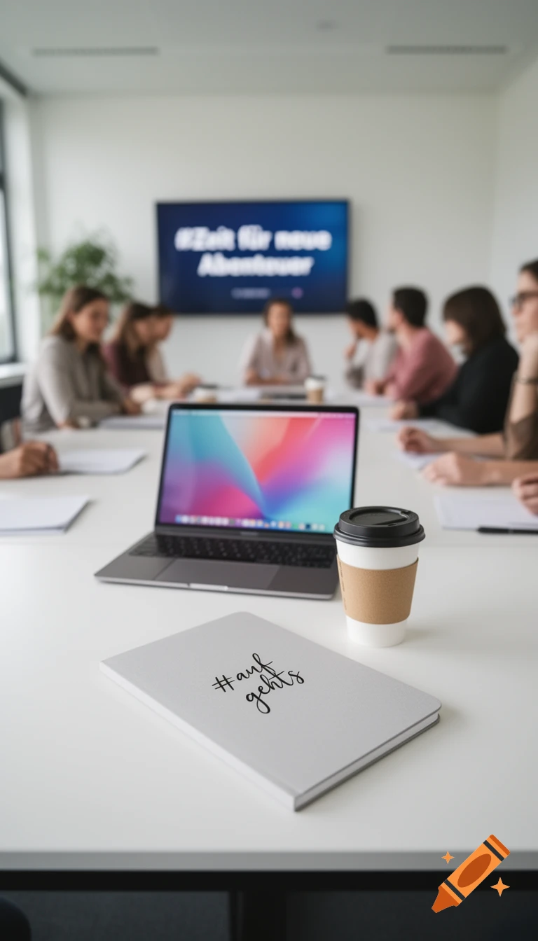 A close-up of a laptop, coffee cup, and notebook with '#auf gehts' on a white table in a bright training room, with blurred participants in the background and a screen displaying '#Zeit für neue Abenteuer'.