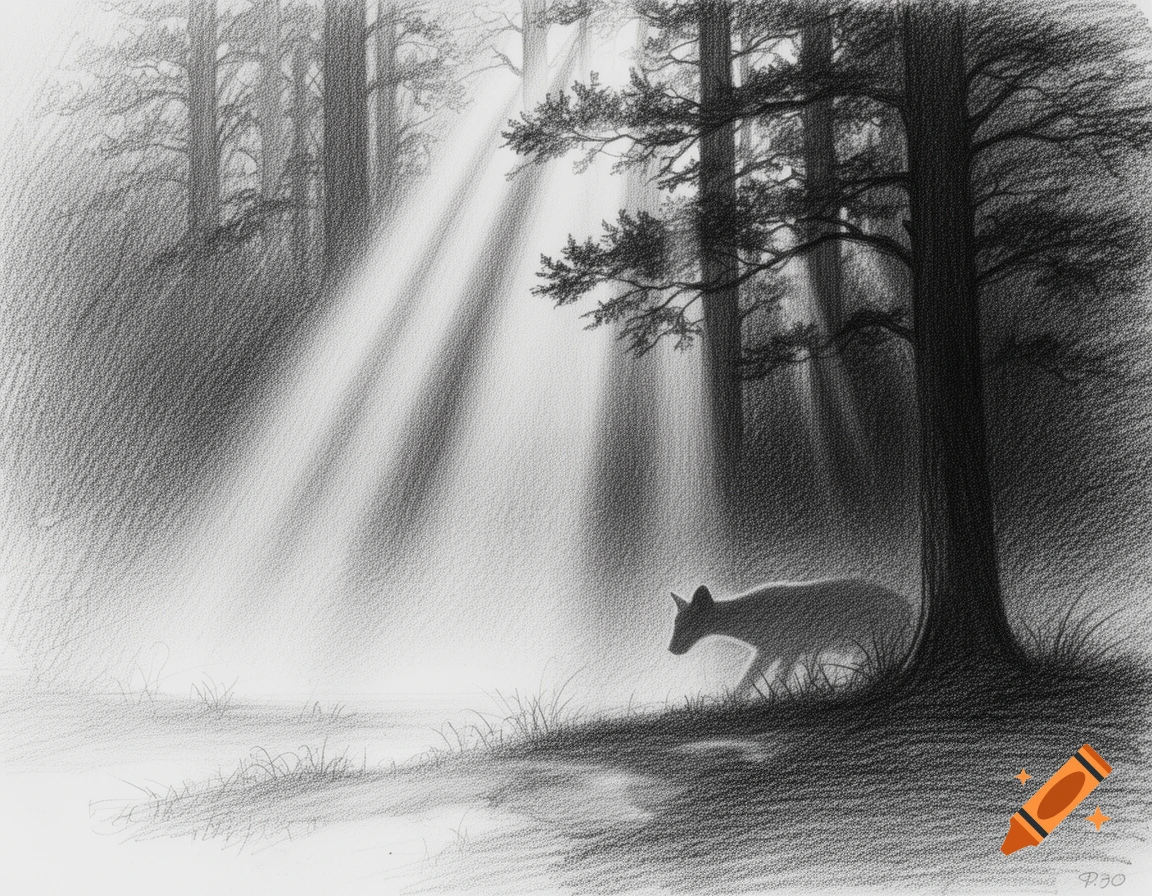 Pencil sketch of a silhouetted animal walking in a misty forest with light rays filtering through trees.
