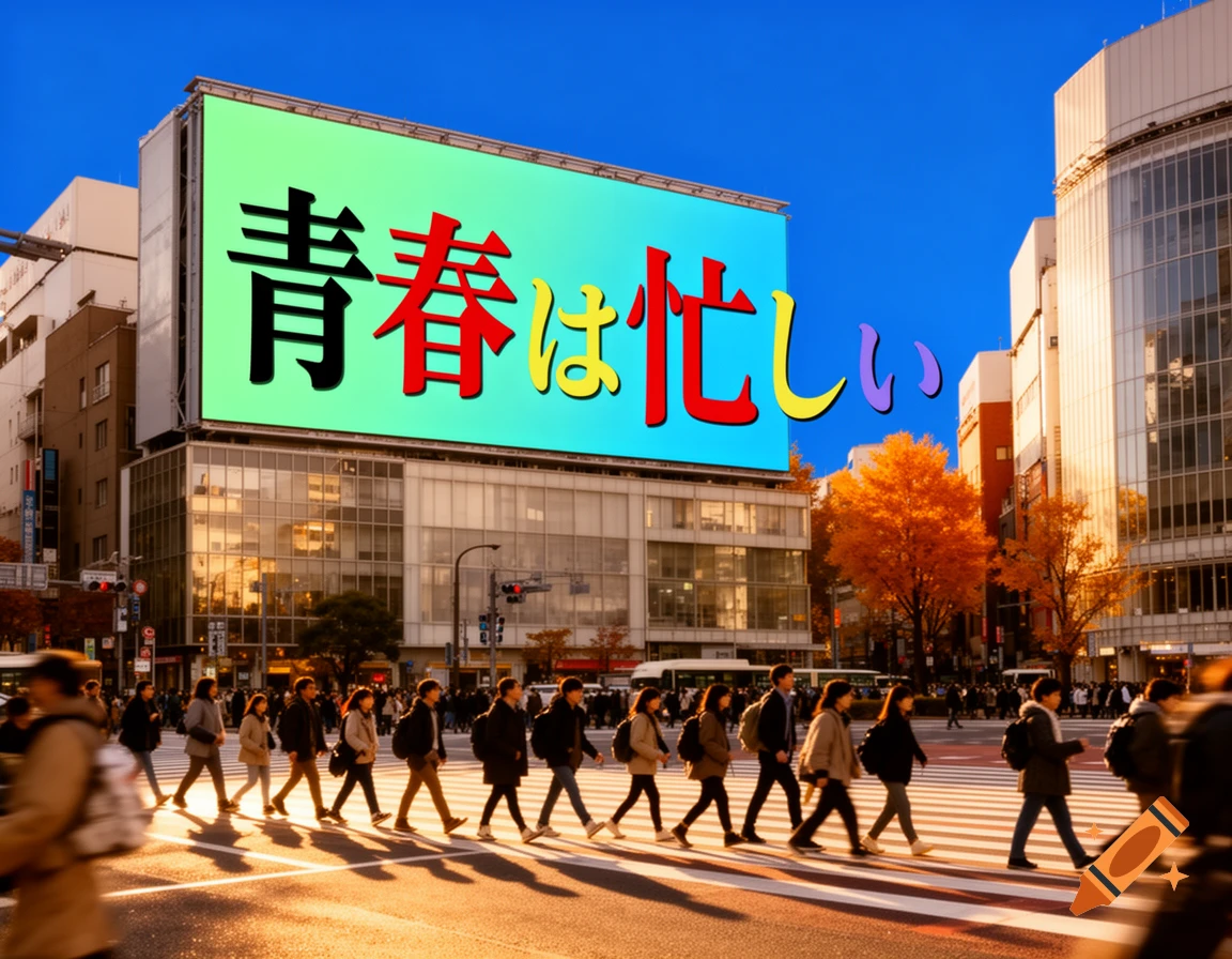 Pedestrians cross a sunlit street in a bustling city, with a large billboard displaying the Japanese text 'Youth is busy' against a bright blue sky.