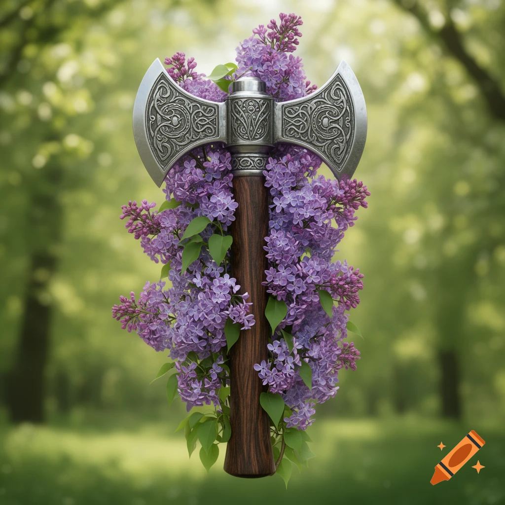 An ornate silver double-bladed axe wrapped in vibrant purple lilac flowers, set against a blurred green forest background.