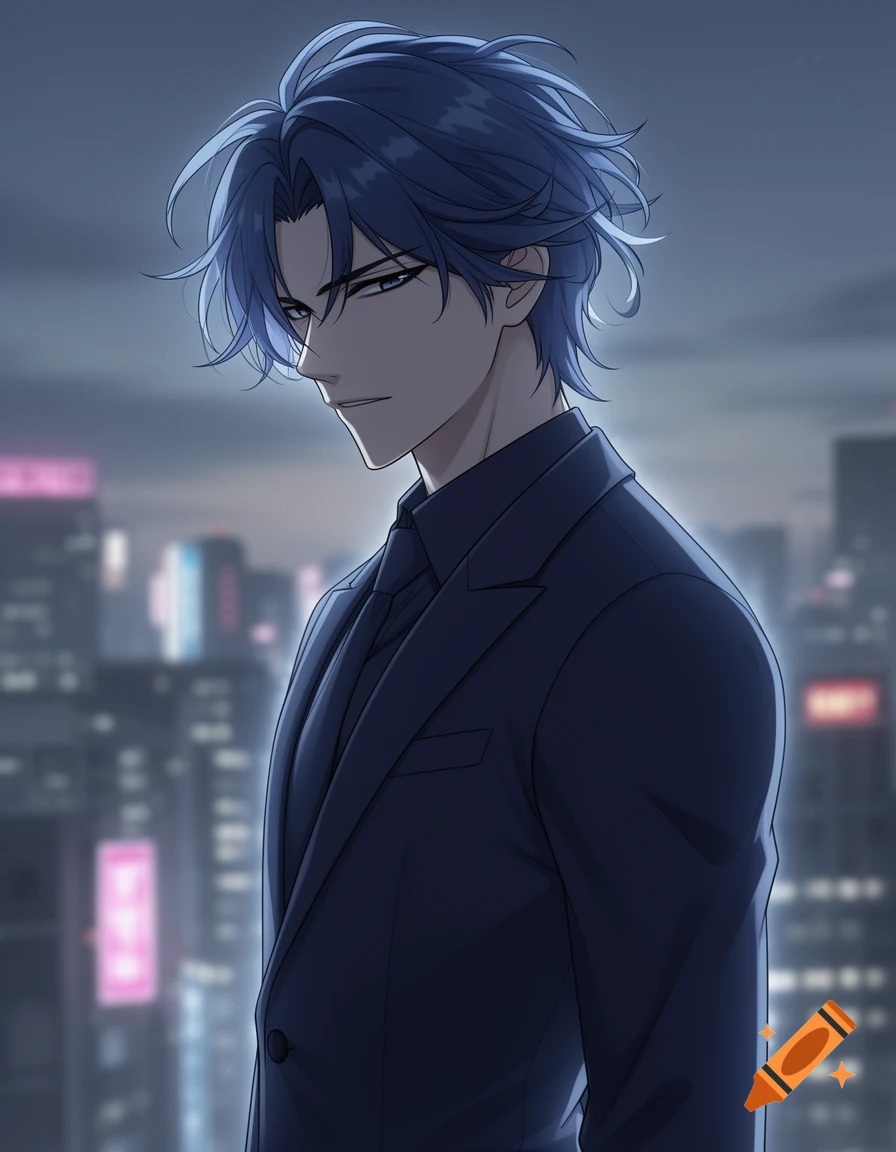 Anime man with blue hair in a dark suit, standing against a blurred night city background.