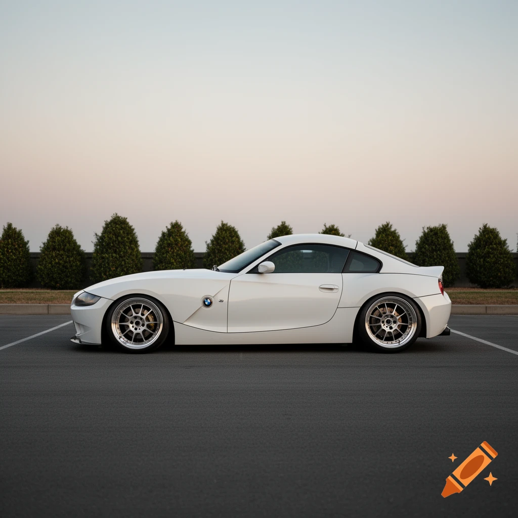 A white BMW Z4 sports car with custom wheels and lowered suspension, parked on an empty asphalt lot.