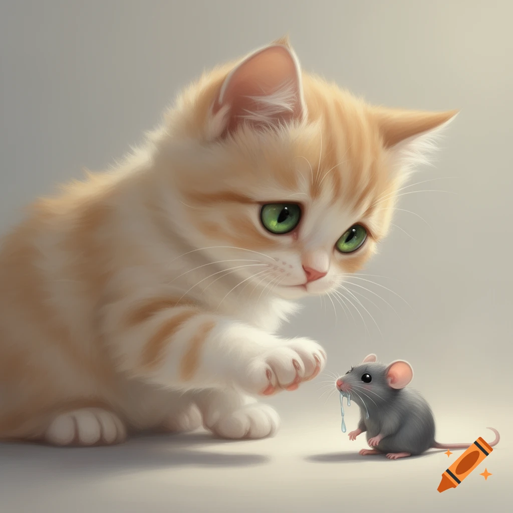 A cute ginger and white kitten with green eyes reaches its paw towards a small gray mouse, which has a sad expression and drools.