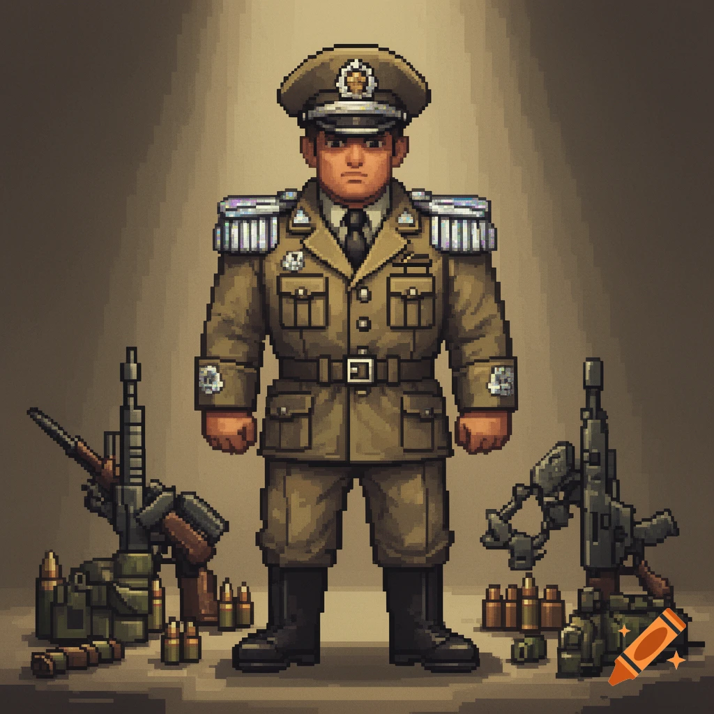 A pixel art illustration of a military general in a brown uniform and hat, standing with various pixelated firearms and ammunition.