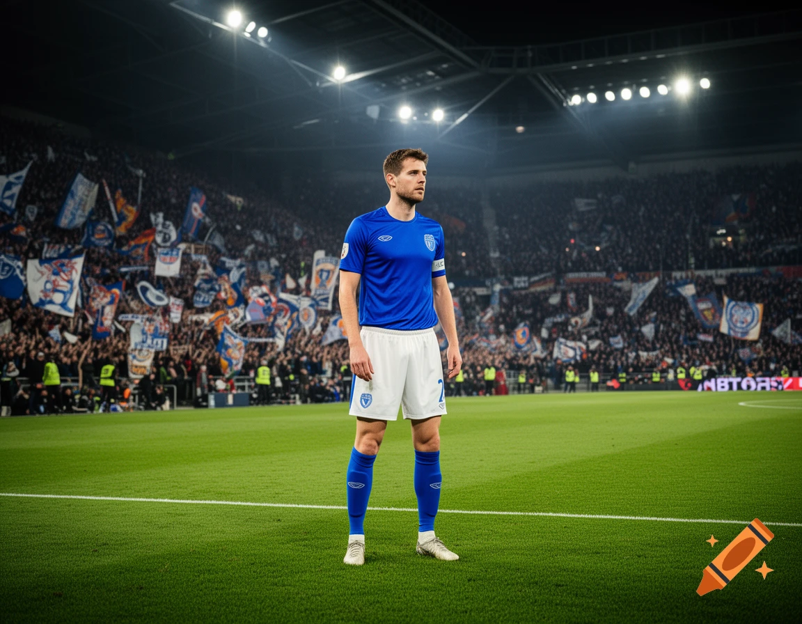 A male football player in a blue jersey and white shorts stands on a green field in a stadium filled with a cheering crowd.