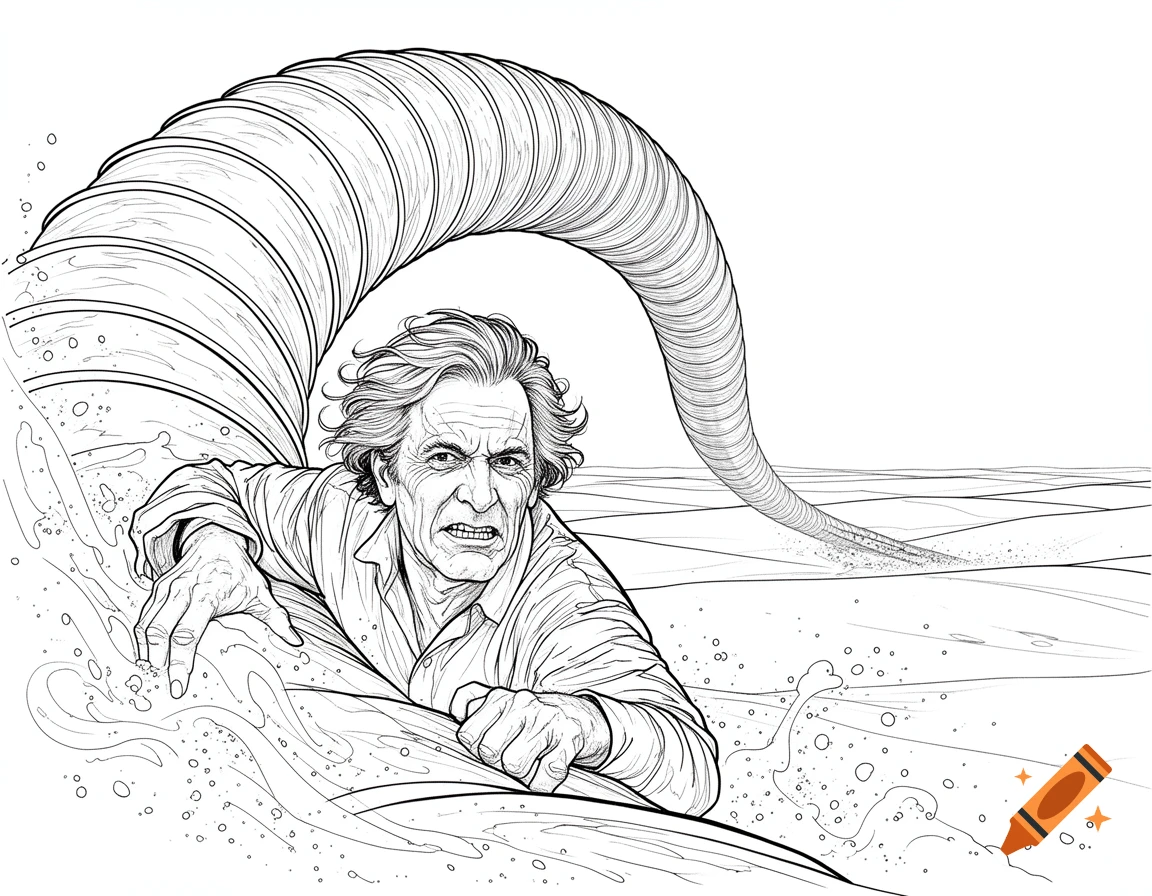 Line drawing of a grimacing man riding a giant segmented worm, splashing through water.