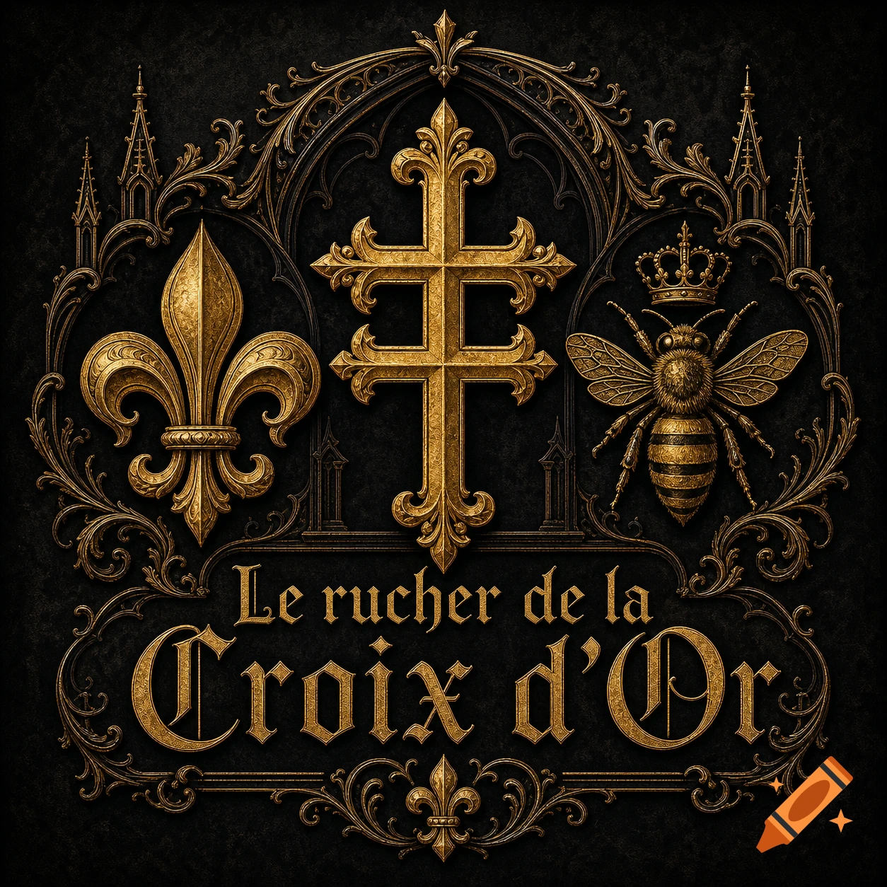 Ornate gothic gold logo featuring a fleur-de-lis, a Lorraine cross, a crowned bee, and the text 'Le rucher de la Croix d'Or' on a dark background.