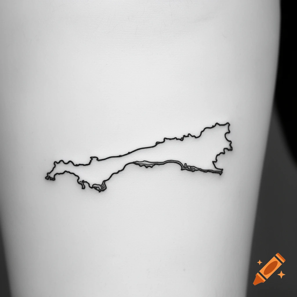 Minimalist black outline of the island of Houat, resembling a tattoo on light skin.