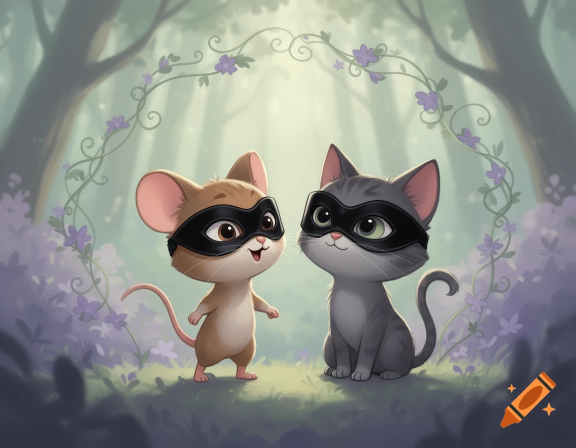 A cute cartoon mouse and a gray cat, both wearing black masks, stand together in a magical, purple-hued forest.