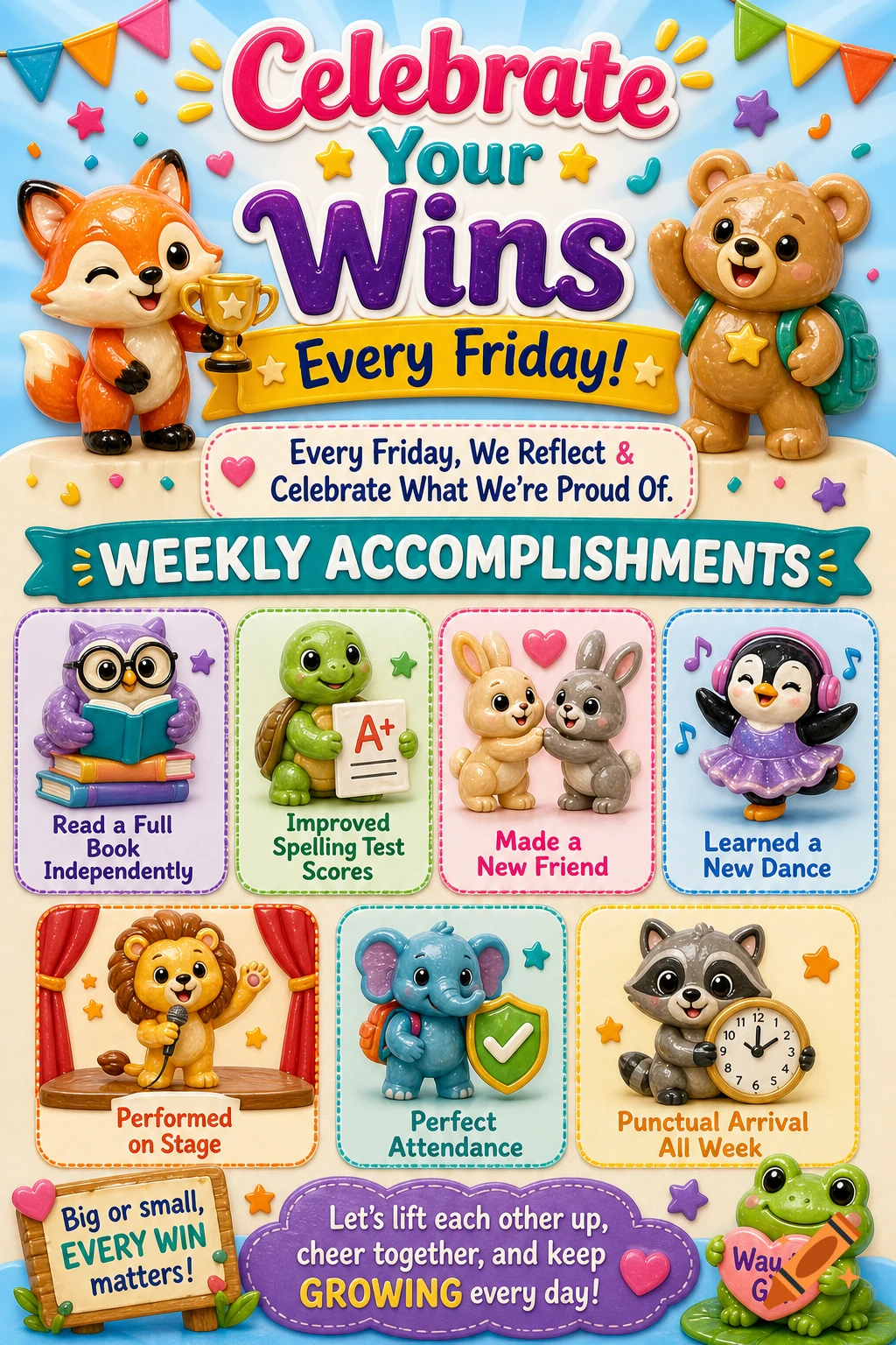 A colorful educational poster with cute resin-style animal characters celebrating weekly accomplishments, featuring text like "Celebrate Your Wins Every Friday!" and examples like "Read a Full Book Independently" and "Made a New Friend".