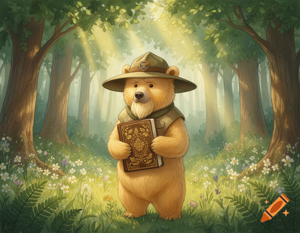 A cute, fluffy light brown bear wearing a ranger hat and vest holds an ornate book in a sunlit forest with wildflowers, in a watercolor style.