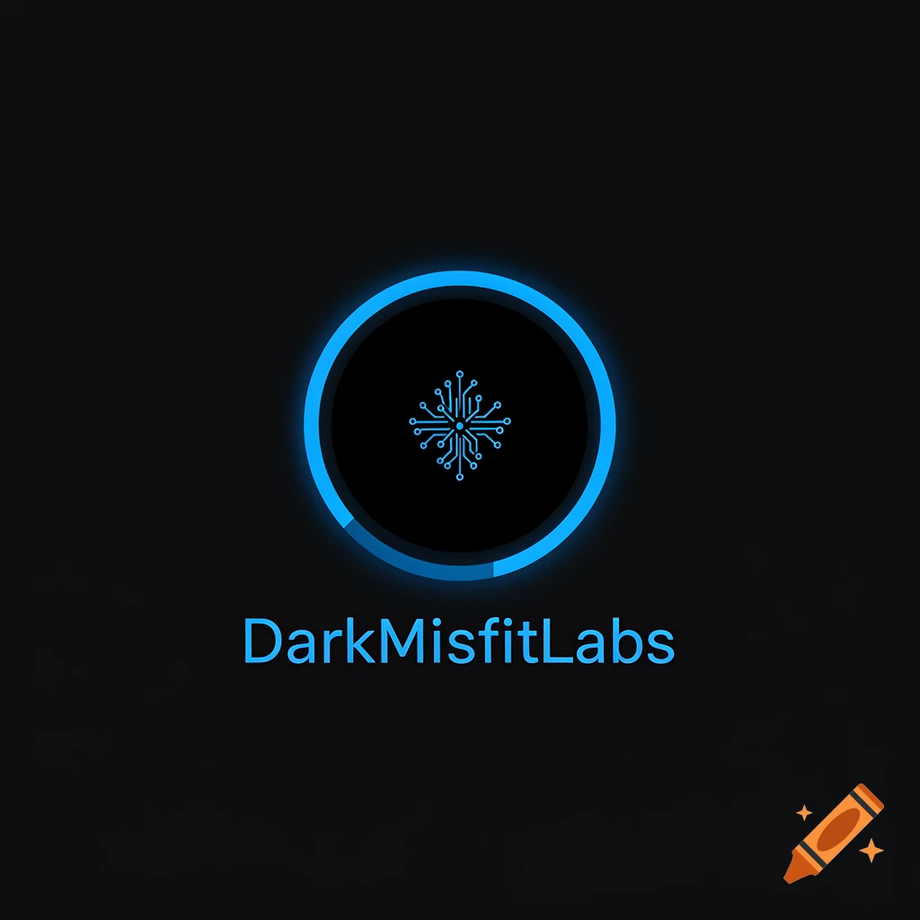 A dark background with a glowing blue circle containing a circuit pattern, and 'DarkMisfitLabs' text below.