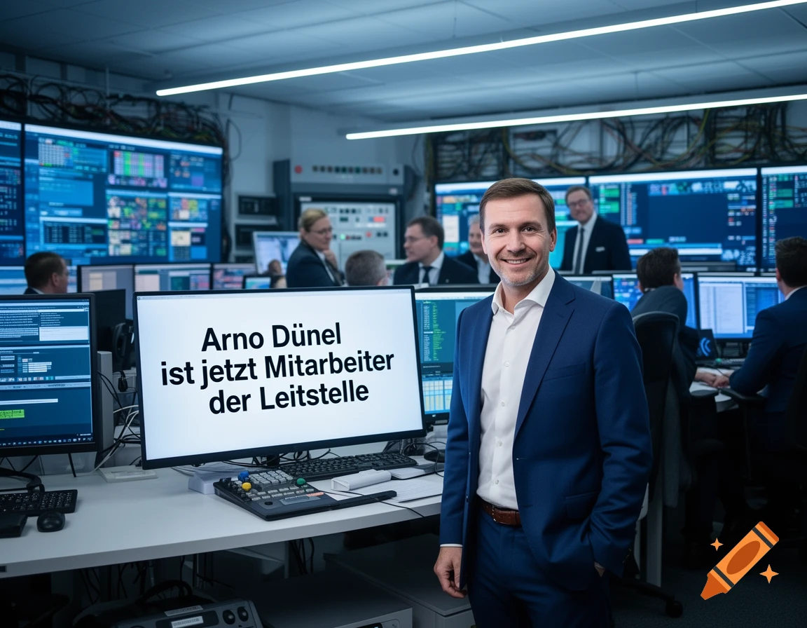 A man in a blue suit smiles in a control room, standing next to a monitor displaying "Arno Dünel ist jetzt Mitarbeiter der Leitstelle".