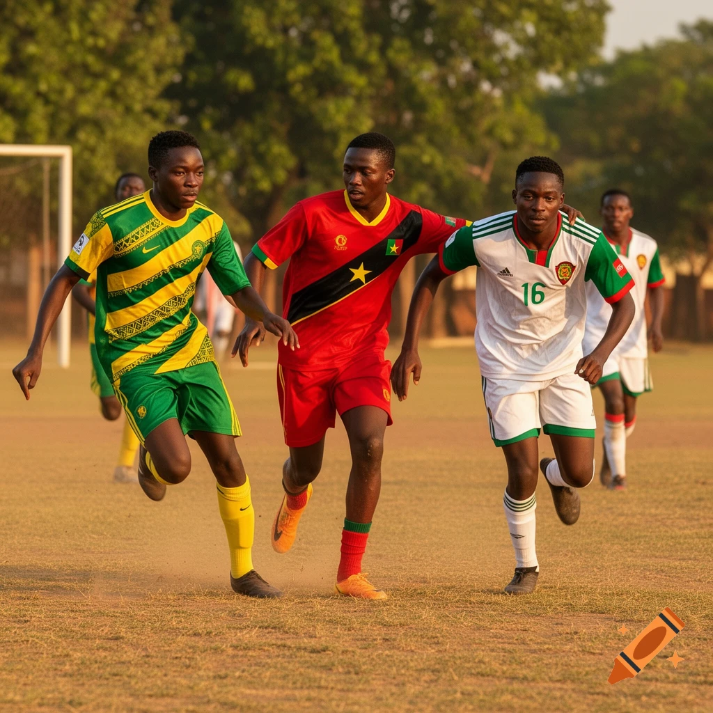 Three young men in different colored soccer jerseys run on a dry grassy field during a game.