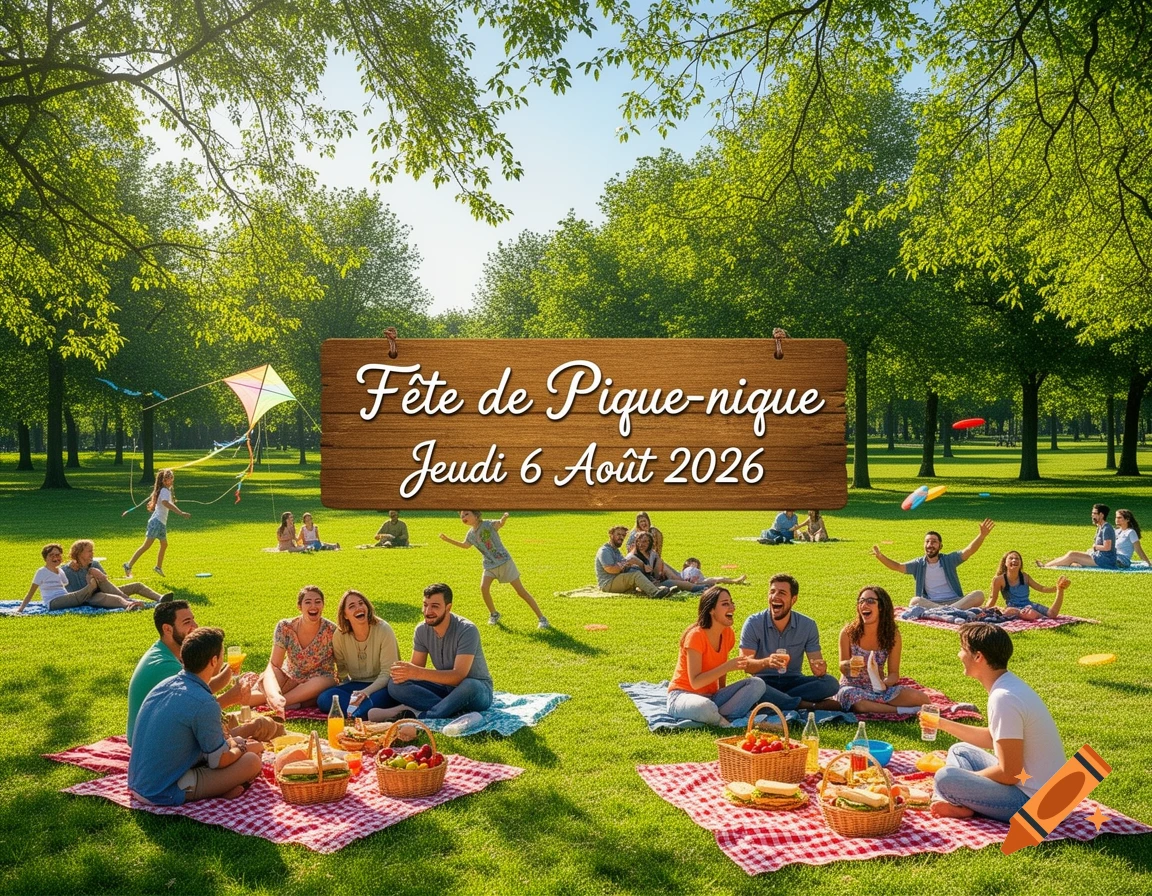 A vibrant image of many people enjoying a sunny picnic in a green park, with a sign reading 'Fête de Pique-nique Jeudi 6 Août 2026'.