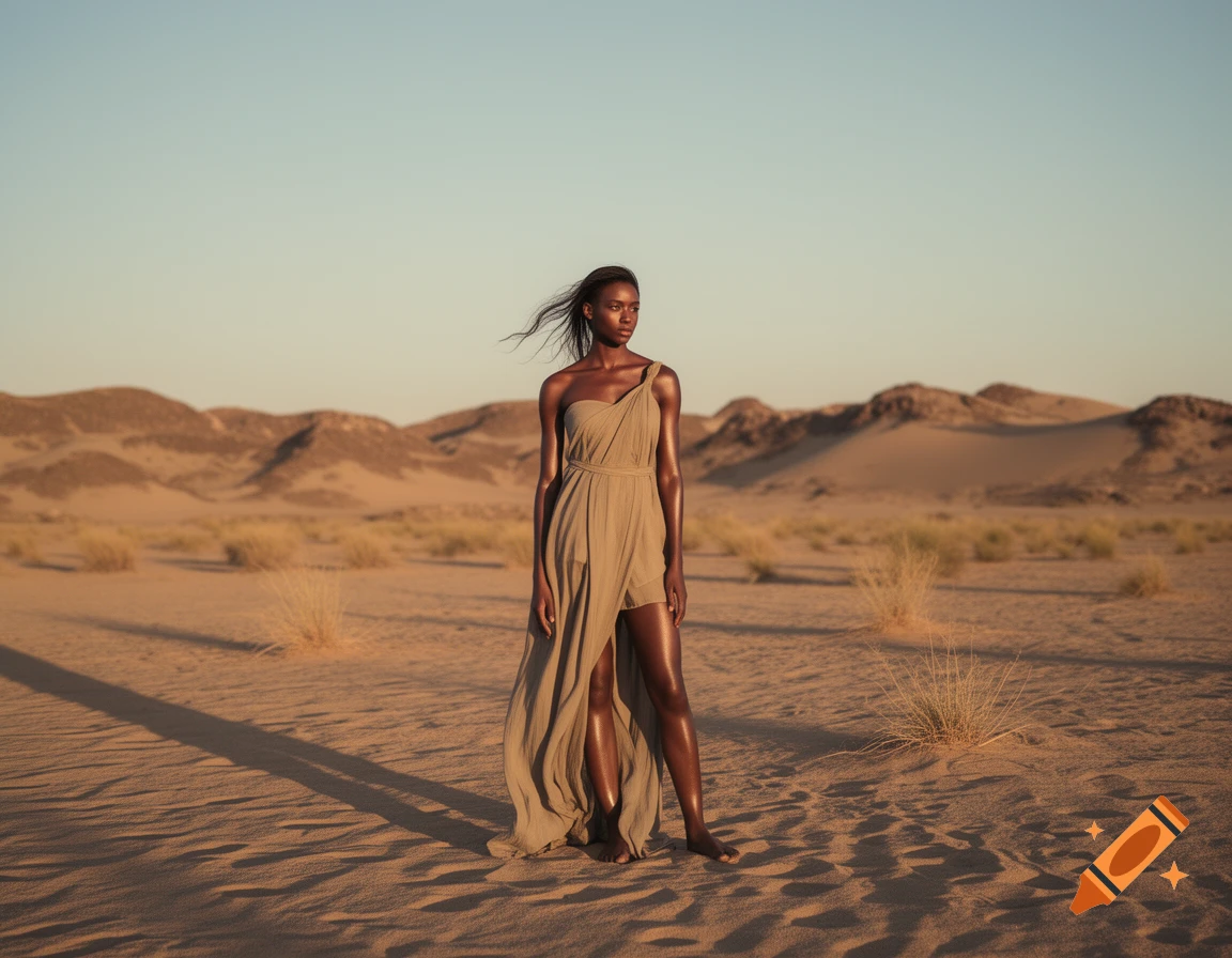 A dark-skinned woman in a flowing, one-shoulder dress stands barefoot in a vast desert landscape under a clear sky.