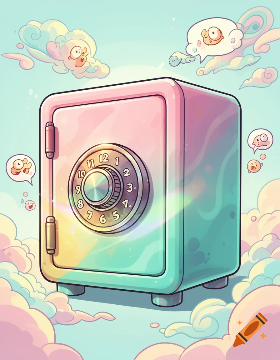 A pastel-colored cartoon safe with a combination dial, surrounded by whimsical clouds and cloud creatures, against a light blue sky.