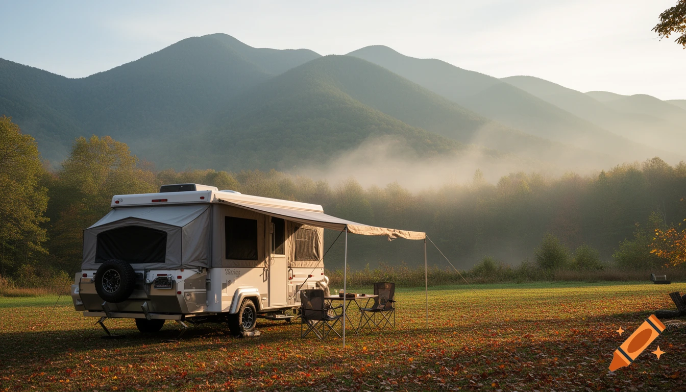 Pop-up camper with an open awning and camp chairs in a grassy field with autumn leaves, misty mountains, and trees in the background.