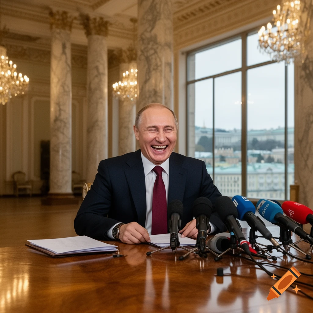 Vladimir Putin laughs heartily at a press conference, sitting at a wooden table with microphones in a grand hall with marble columns.