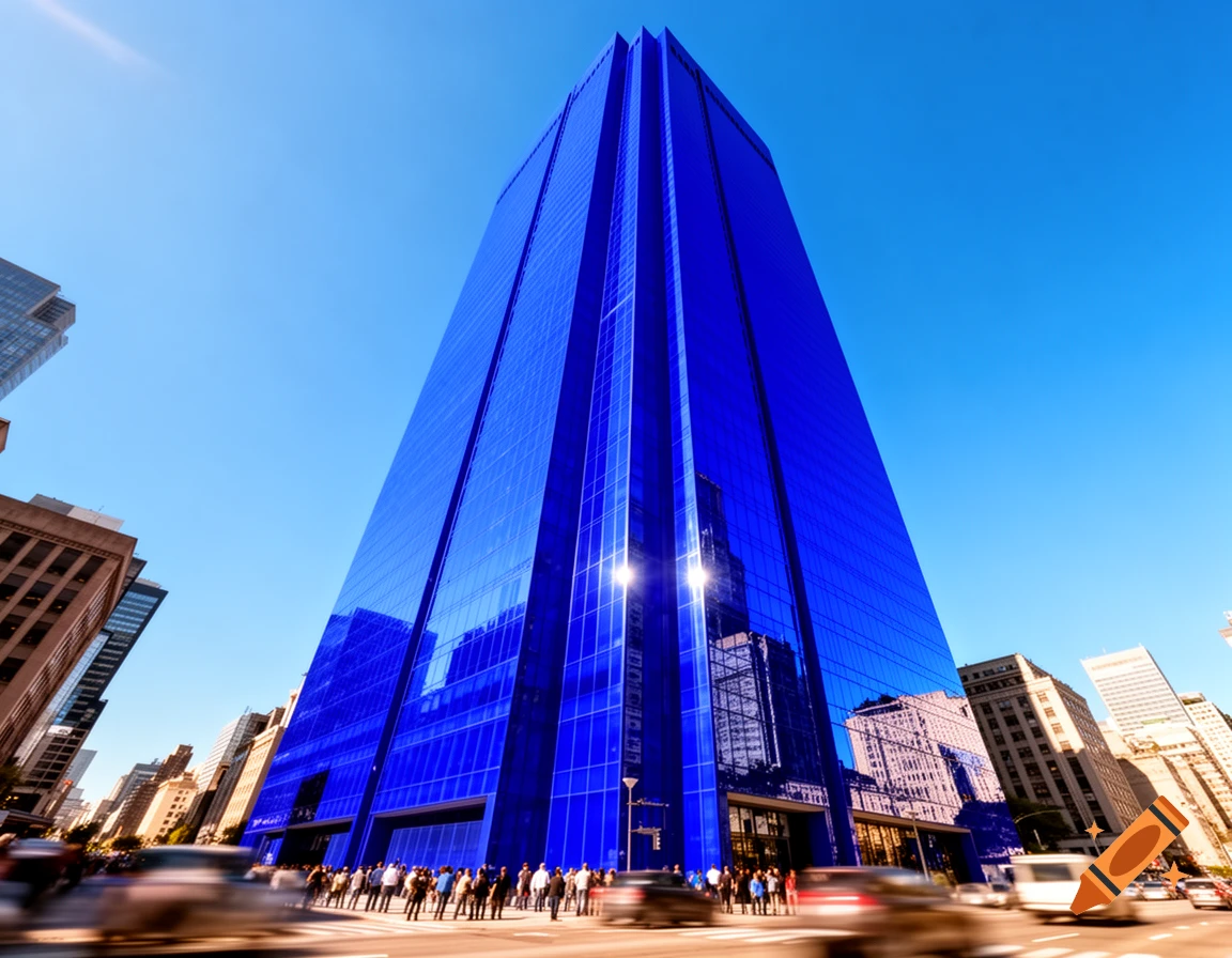A photorealistic image of a tall, modern skyscraper with vibrant blue glass, reflecting other buildings, against a bright blue sky. Traffic and pedestrians are blurred at the base.