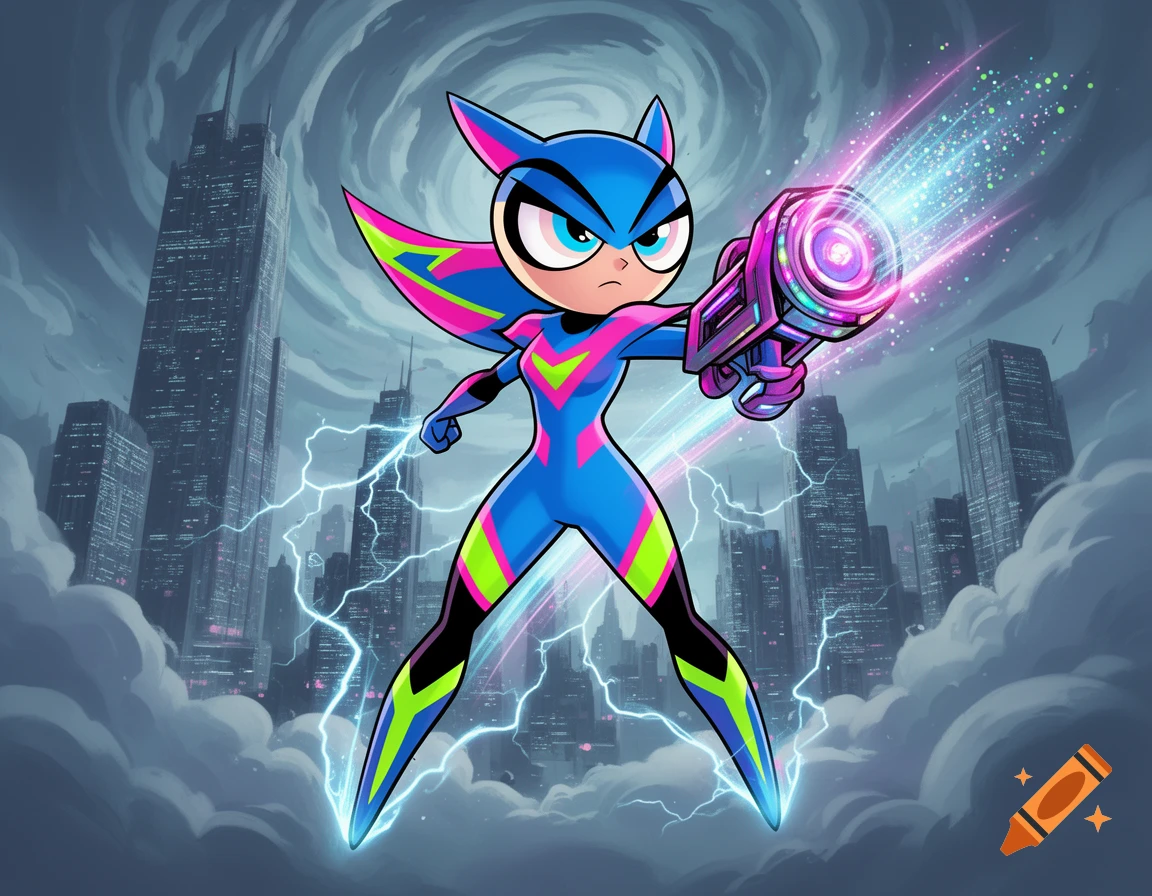A cartoon superhero in a bright blue, pink, and green suit with a cape holds a glowing gun amidst a stormy city with lightning.